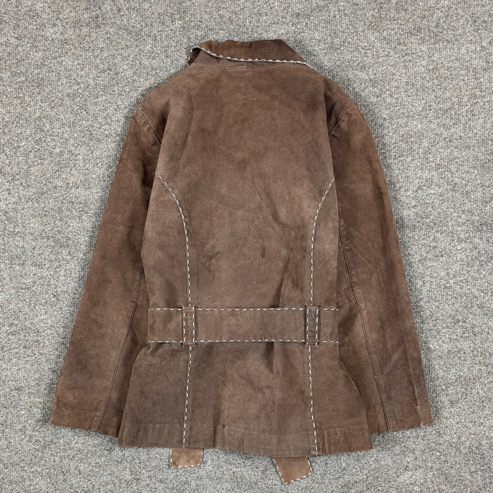 Outbrook Brown Suede Leather Belted Jacket Women’s Medium Contrast Stitching Y2K - Picture 2 of 15